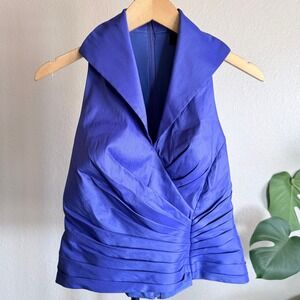 Tadashi Collection Royal Blue Ruched Halter Top V-Neck Formal Blouse Size 8